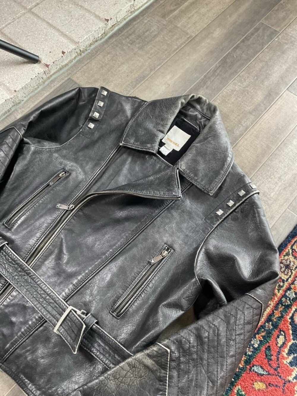Diesel Goat Leather Moto Biker Jacket Studded Belted Black Gray Womens MED Y2K - Picture 6 of 15